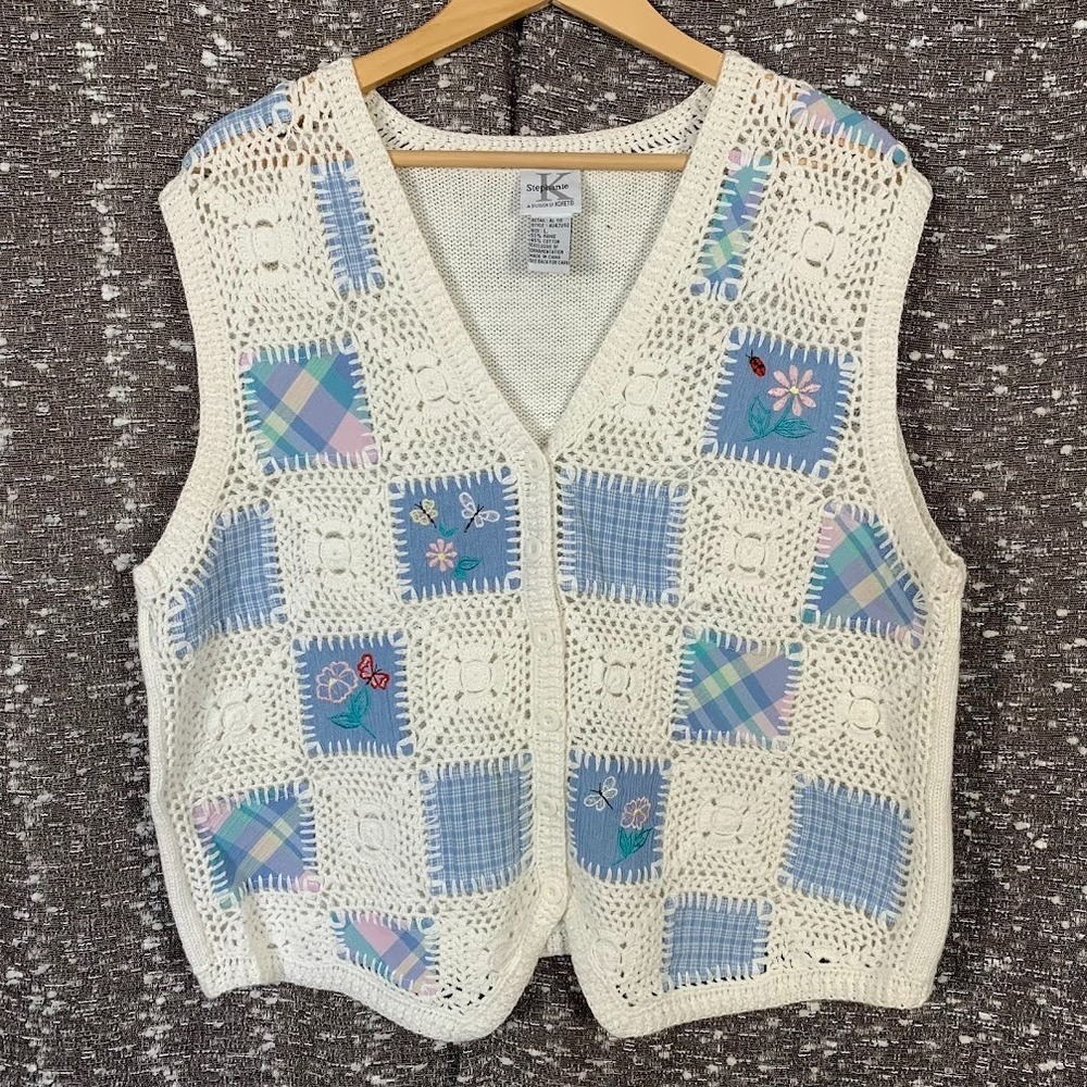 Vintage‎ Stephanie K Koret Crochet Patchwork Vest Cottagecore Women's Large